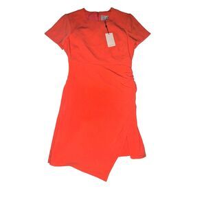 Cinq A Sept Imogen Dress Women's 6 Hot Coral Ruched Crepe S/S Back Side Zip NWT